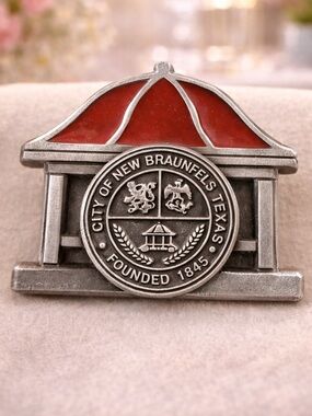 Vintage City of New Braunfels Texas Souvenir Pewter Pin with Red Enamel